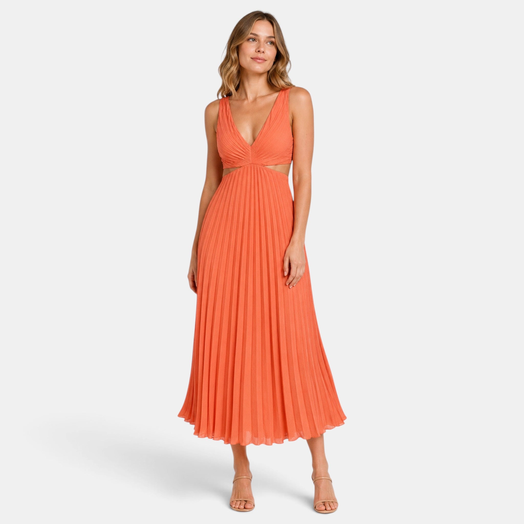 Women's Pleated Midi Dress with V Neck and Sleeveless Design