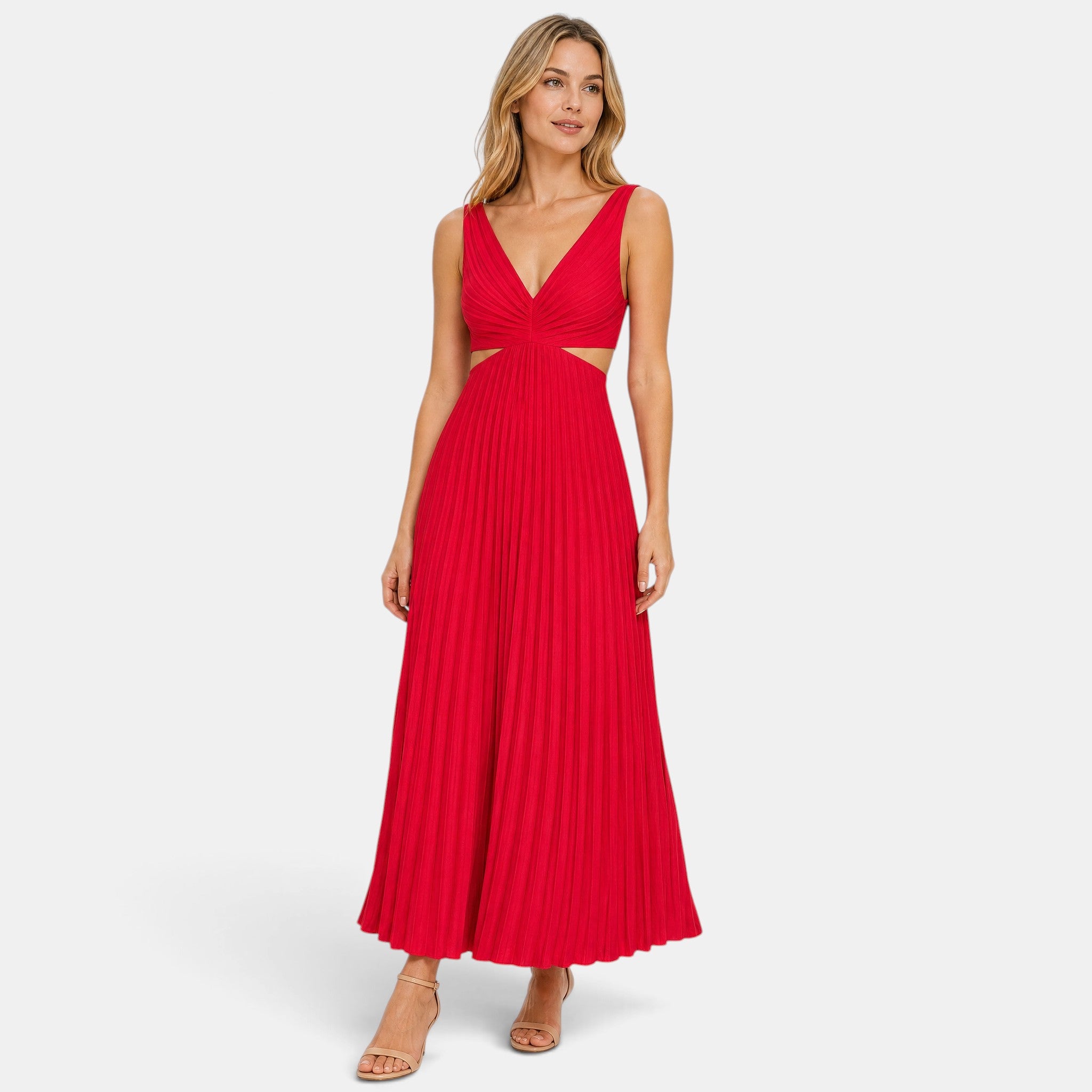 Women's Pleated Midi Dress with V Neck and Sleeveless Design