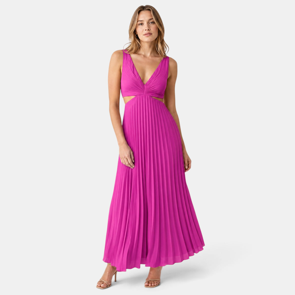 Women's Pleated Midi Dress with V Neck and Sleeveless Design