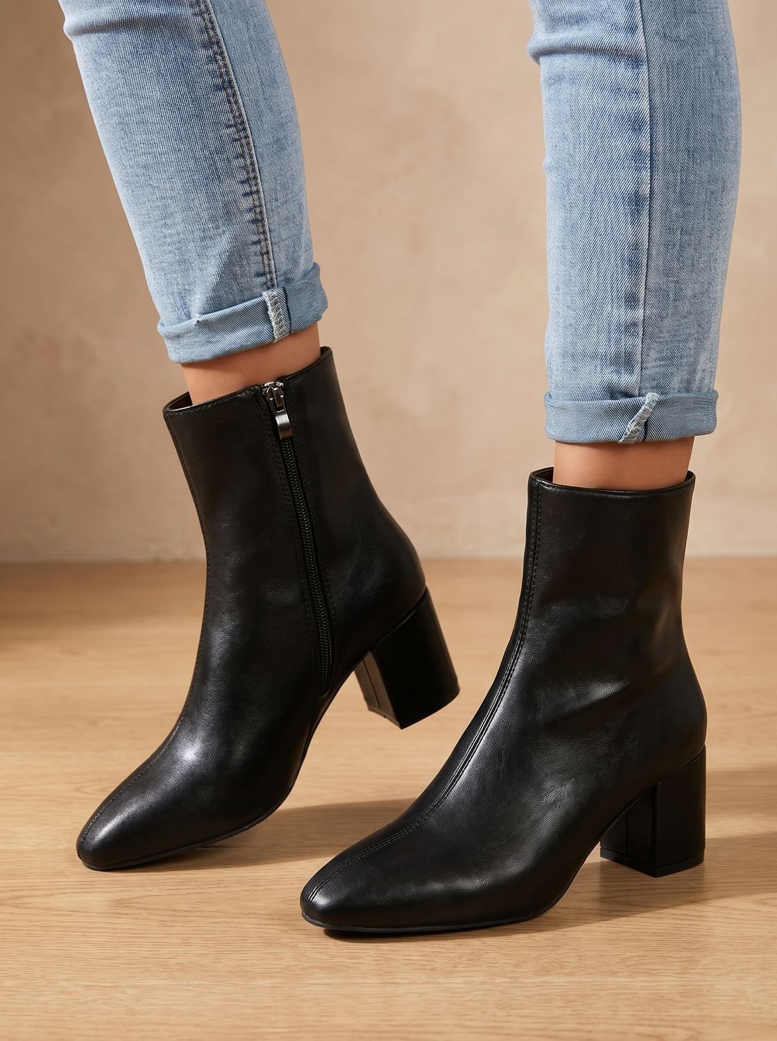 Pointed-Toe Block-Heel Side-Zip Ankle Boots for Women