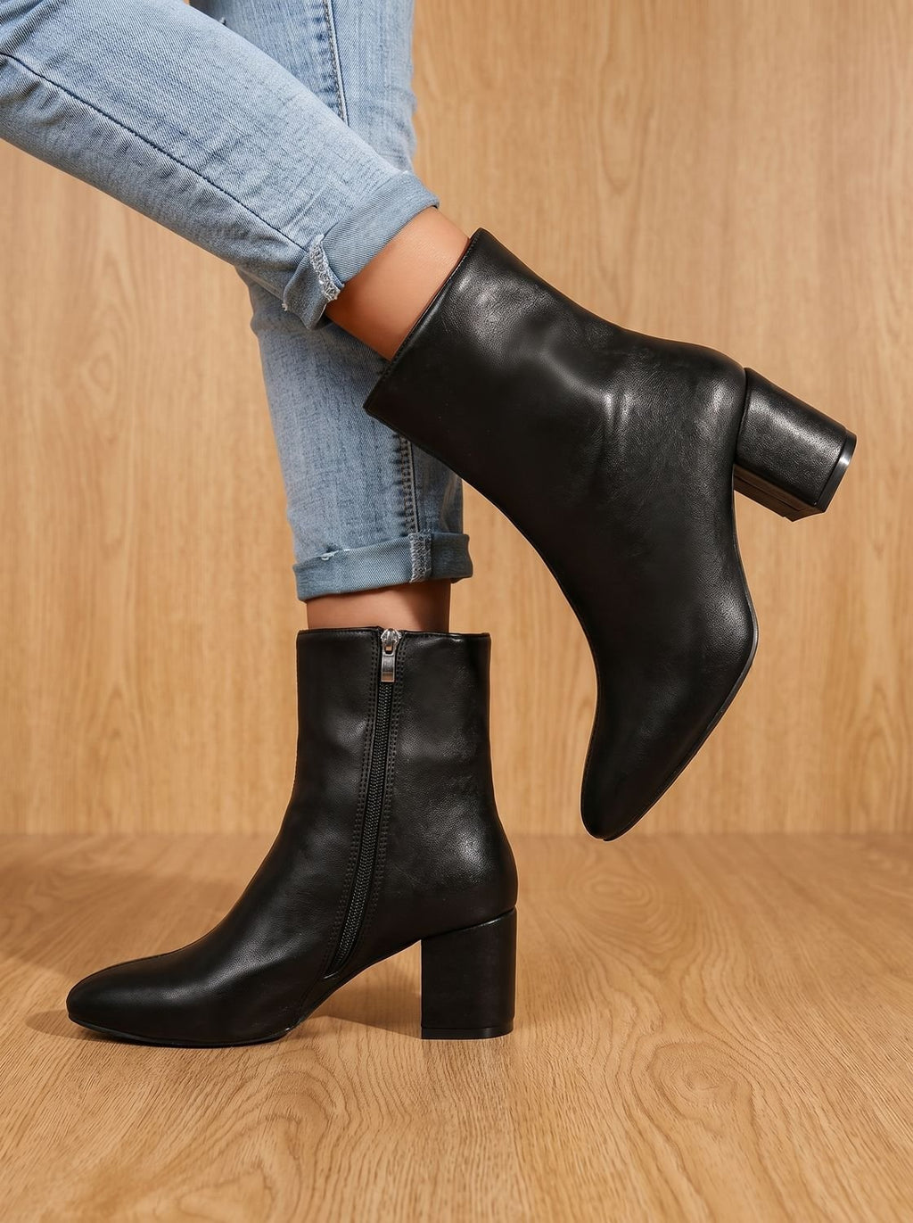 Pointed-Toe Block-Heel Side-Zip Ankle Boots for Women