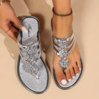 Rhinestone T-Strap Flat Sandals for Women Slip-On Comfort