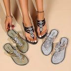 Rhinestone T-Strap Flat Sandals for Women Slip-On Comfort