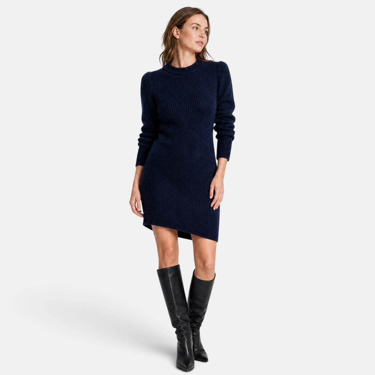 Women's Ribbed Knit Dress with Long Sleeves and Crew Neck