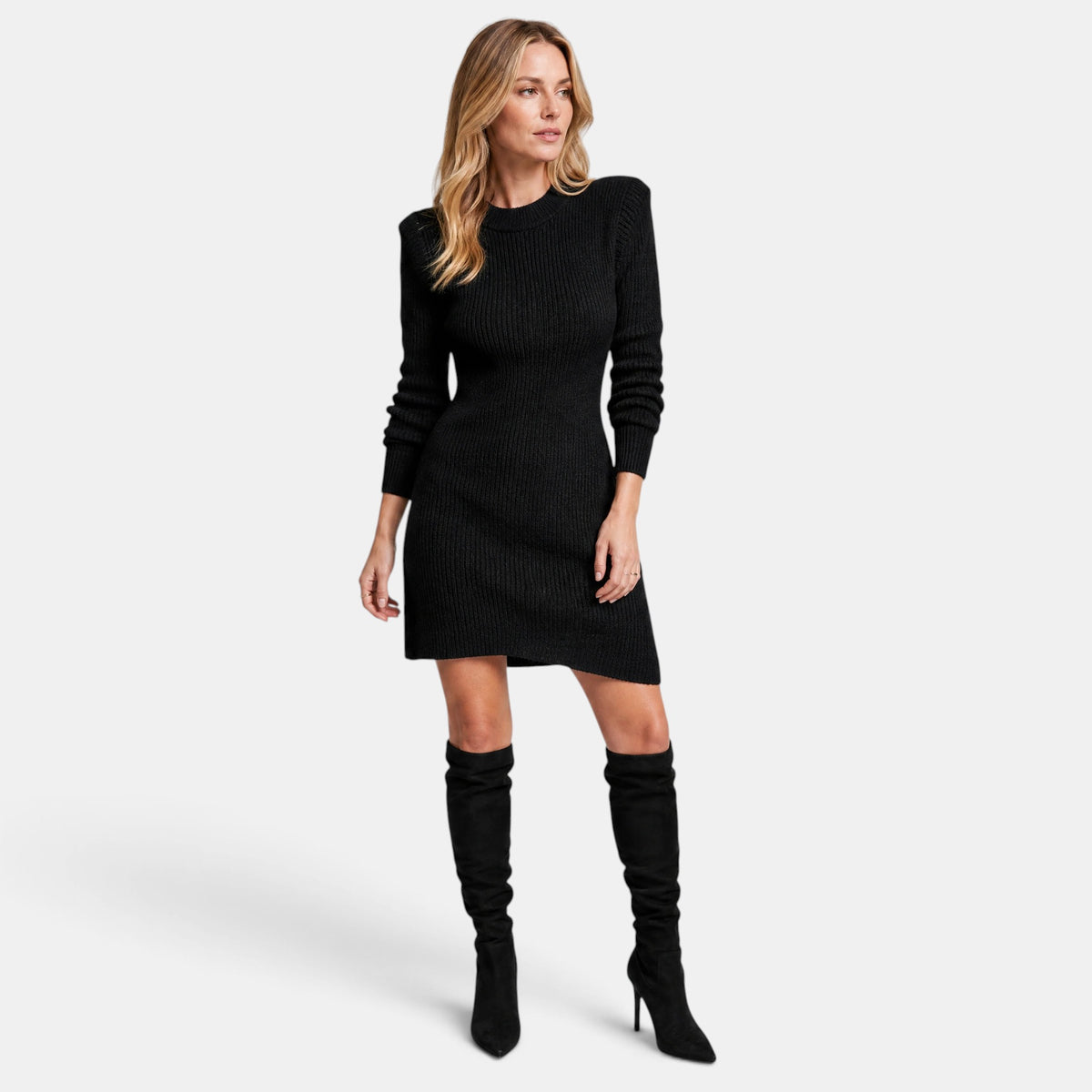Women's Ribbed Knit Dress with Long Sleeves and Crew Neck