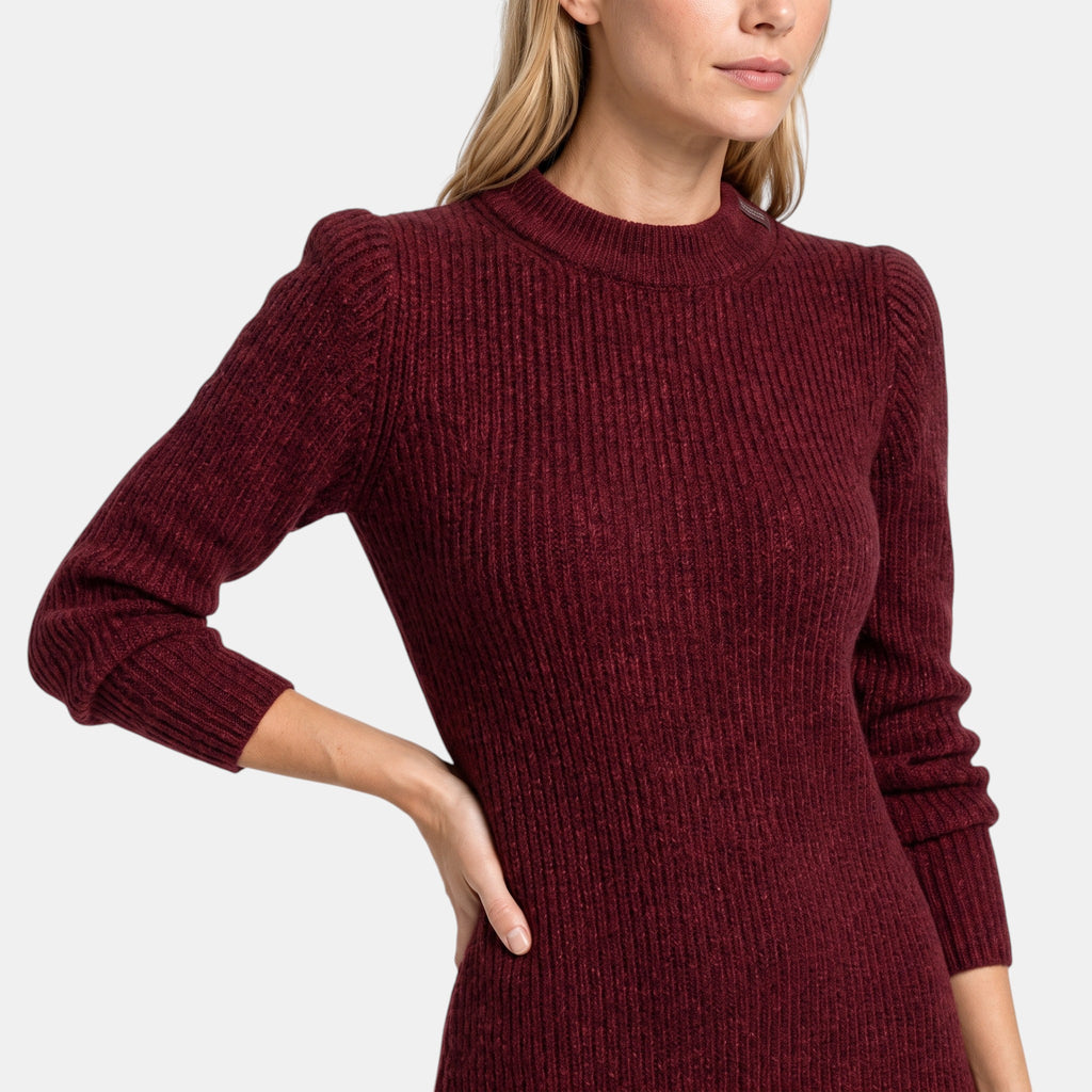 Women's Ribbed Knit Dress with Long Sleeves and Crew Neck