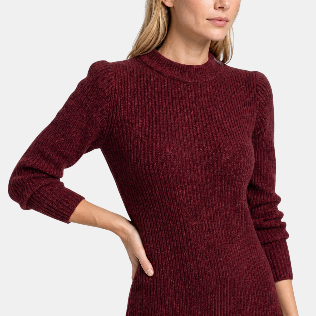 Women's Ribbed Knit Dress with Long Sleeves and Crew Neck