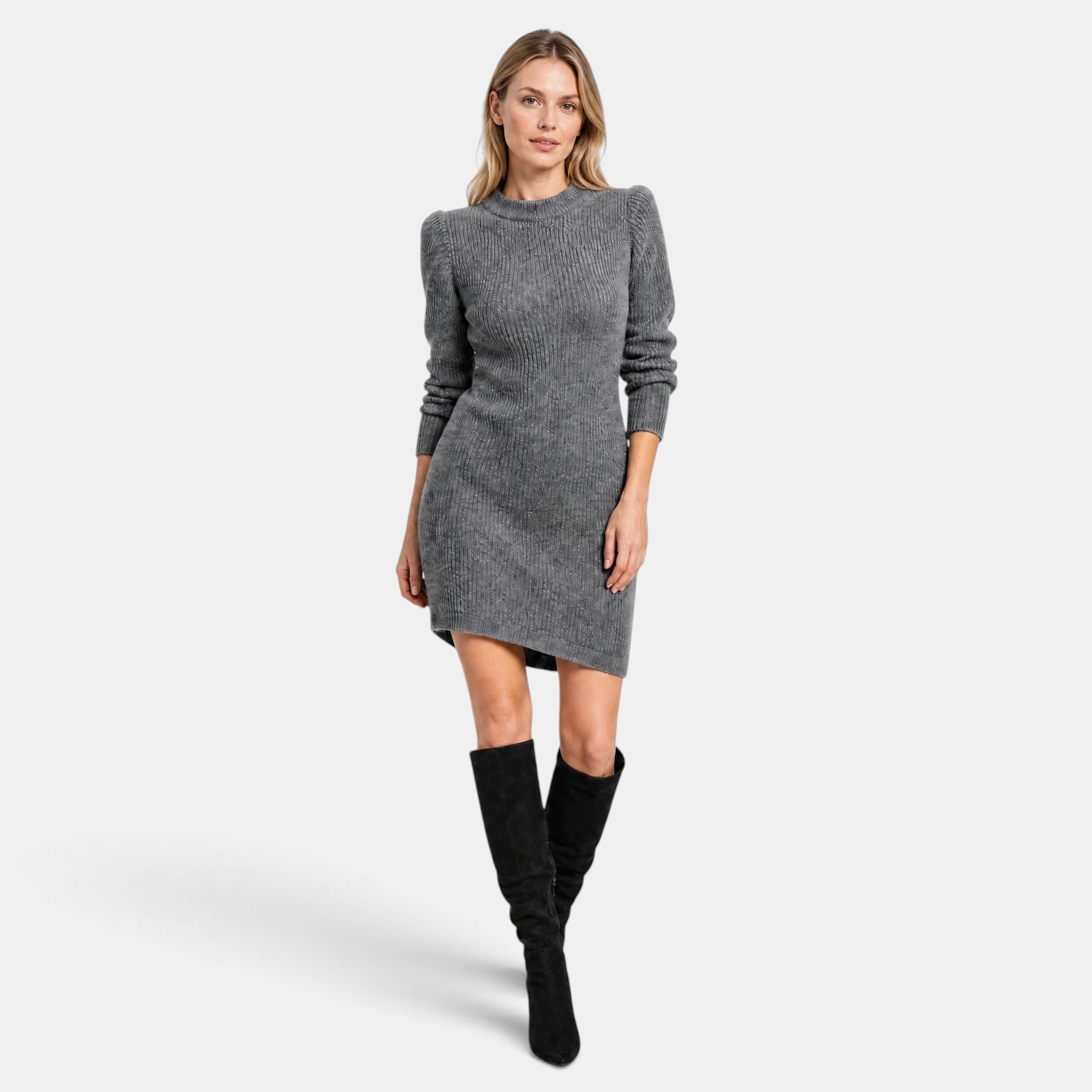 Women's Ribbed Knit Dress with Long Sleeves and Crew Neck