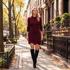 Women's Ribbed Knit Dress with Long Sleeves and Crew Neck