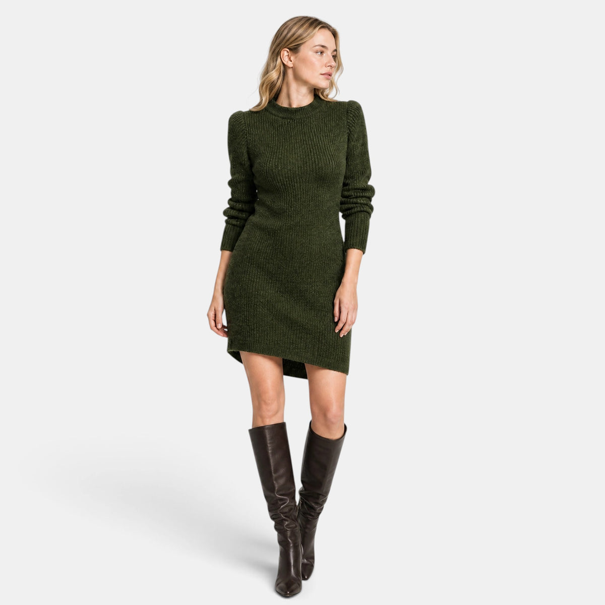 Women's Ribbed Knit Dress with Long Sleeves and Crew Neck