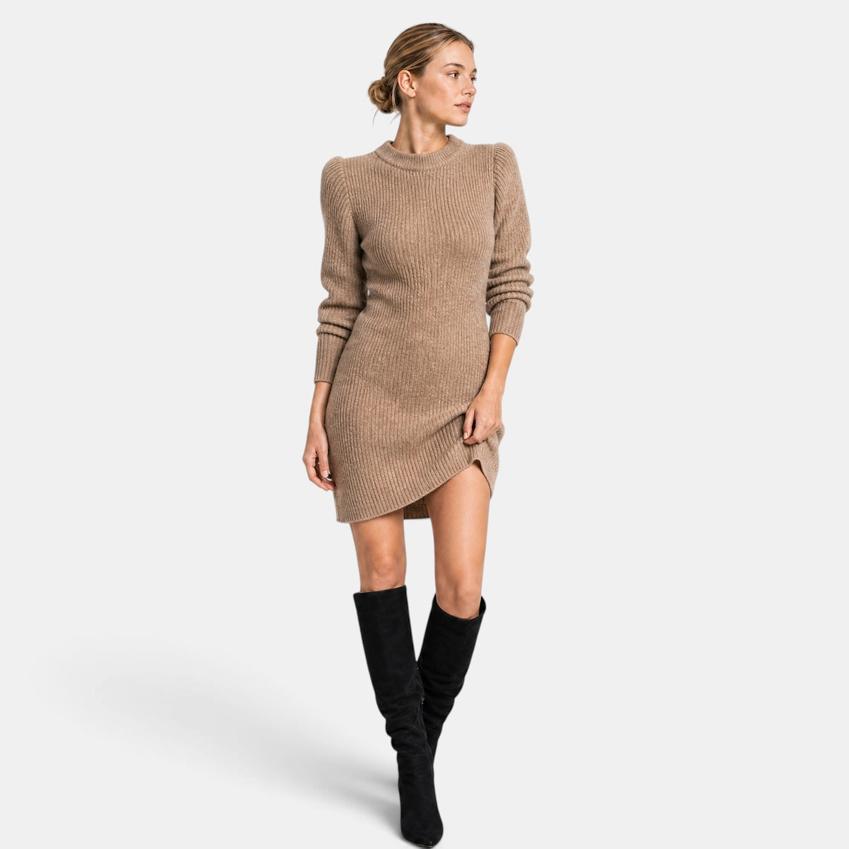 Women's Ribbed Knit Dress with Long Sleeves and Crew Neck
