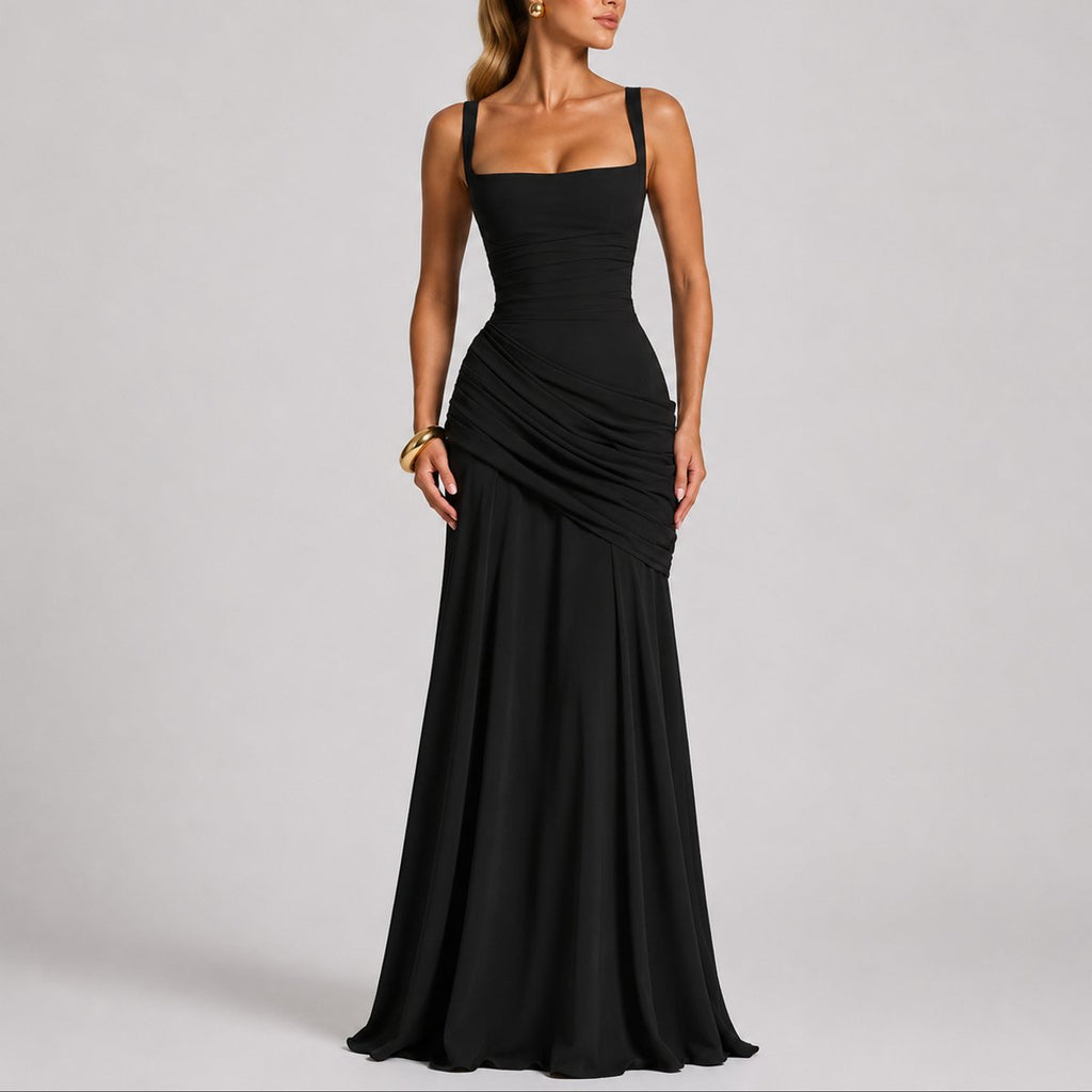 Women's Ruched Square-Neck Maxi Dress for Fall Weddings and Formal Events