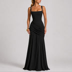 Women's Ruched Square-Neck Maxi Dress for Fall Weddings and Formal Events