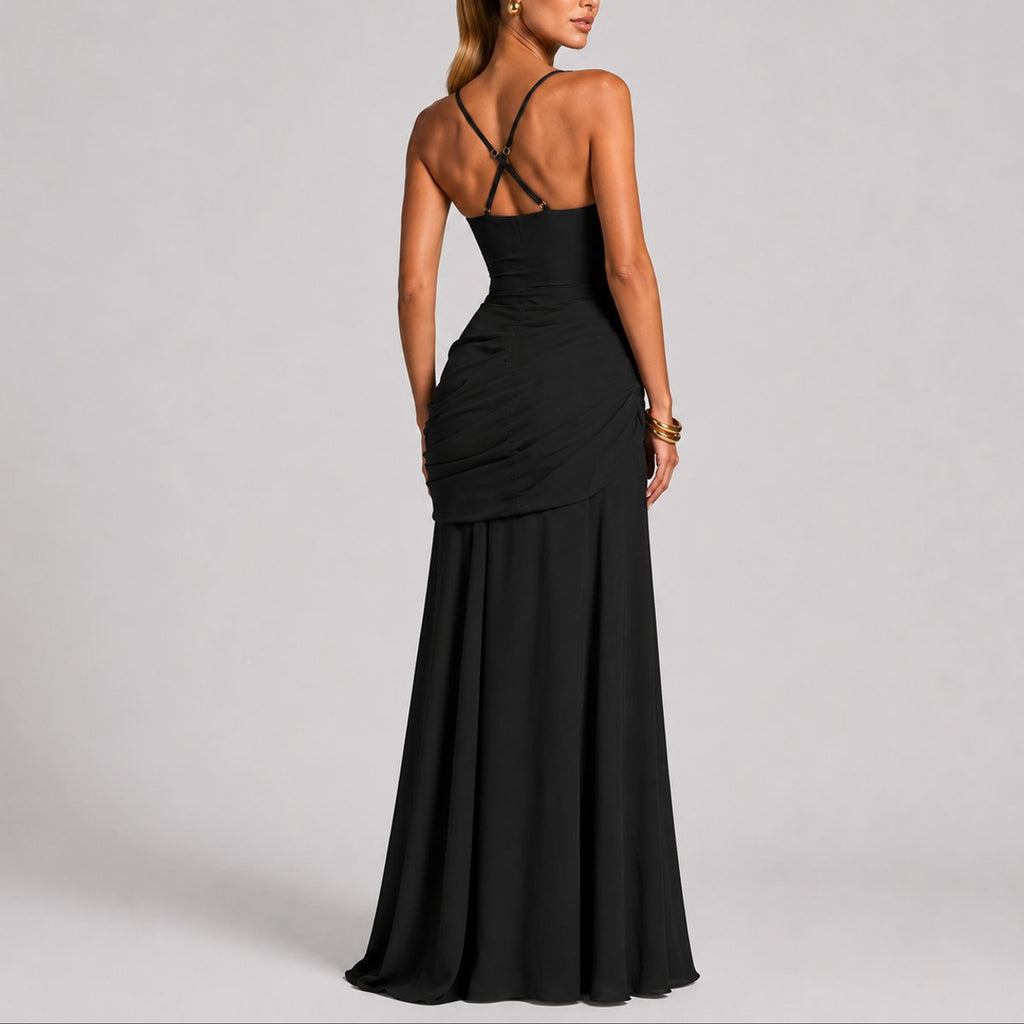 Women's Ruched Square-Neck Maxi Dress for Fall Weddings and Formal Events