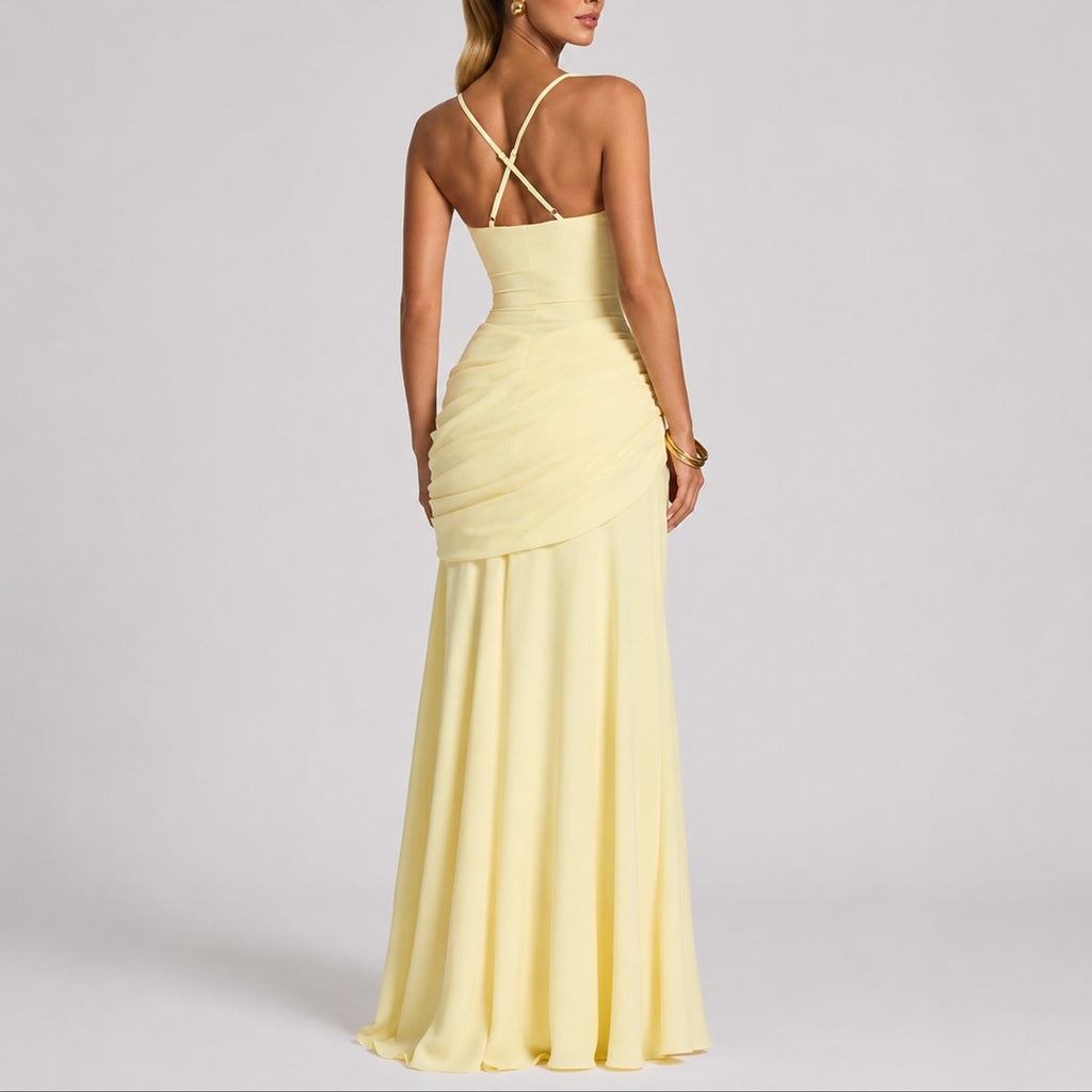 Women's Ruched Square-Neck Maxi Dress for Fall Weddings and Formal Events
