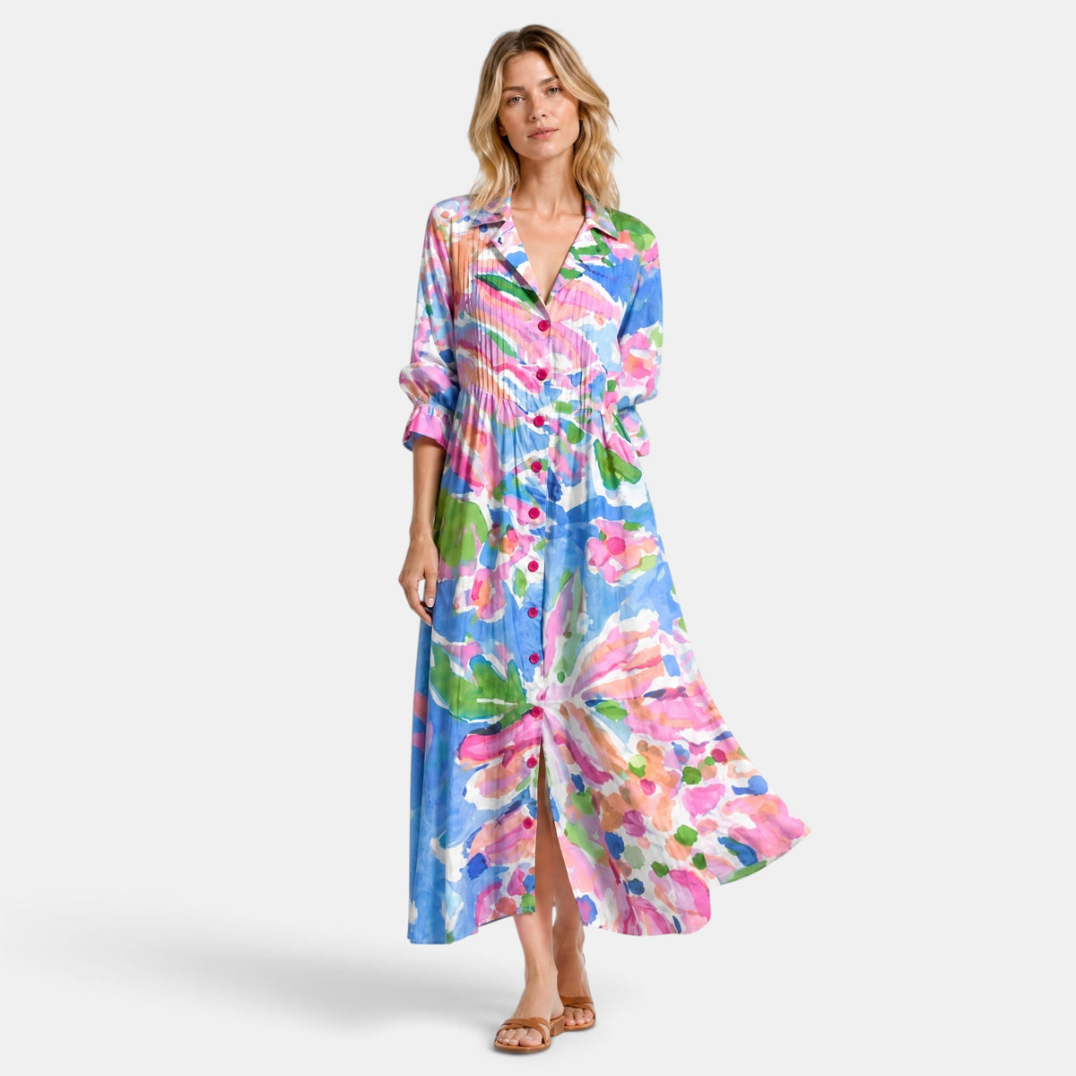 Women's Shirt Dress with Button Front, V Neck and Three Quarter Sleeves