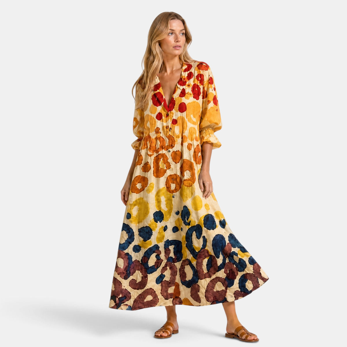 Women's Shirt Dress with Button Front, V Neck and Three Quarter Sleeves