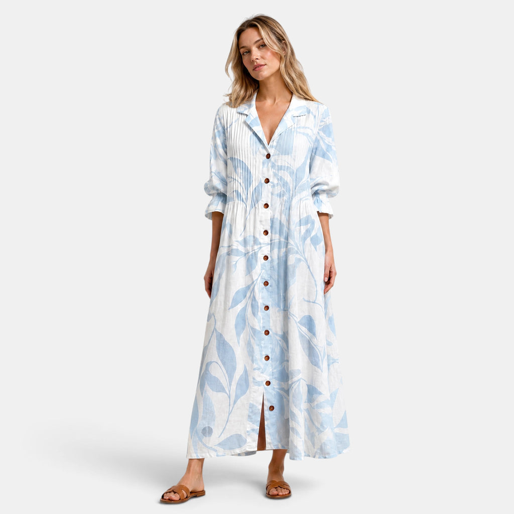 Women's Shirt Dress with Button Front, V Neck and Three Quarter Sleeves