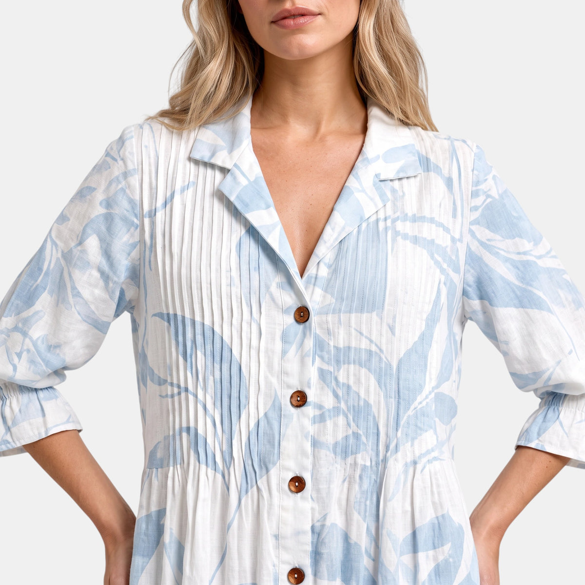 Women's Shirt Dress with Button Front, V Neck and Three Quarter Sleeves