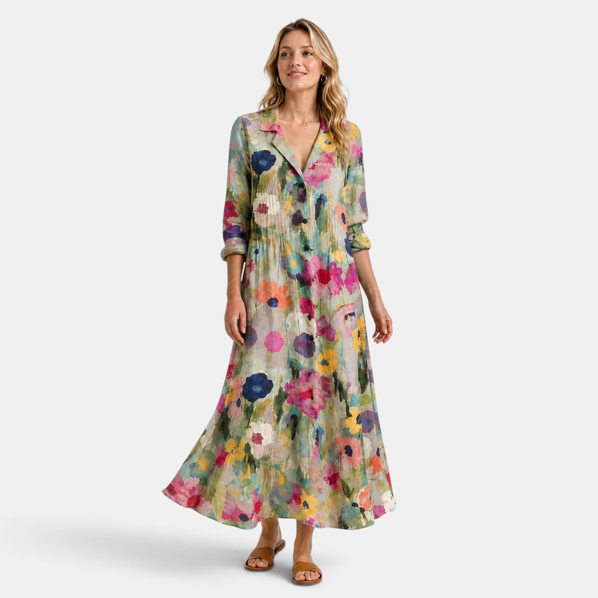 Women's Shirt Dress with Button Front, V Neck and Three Quarter Sleeves