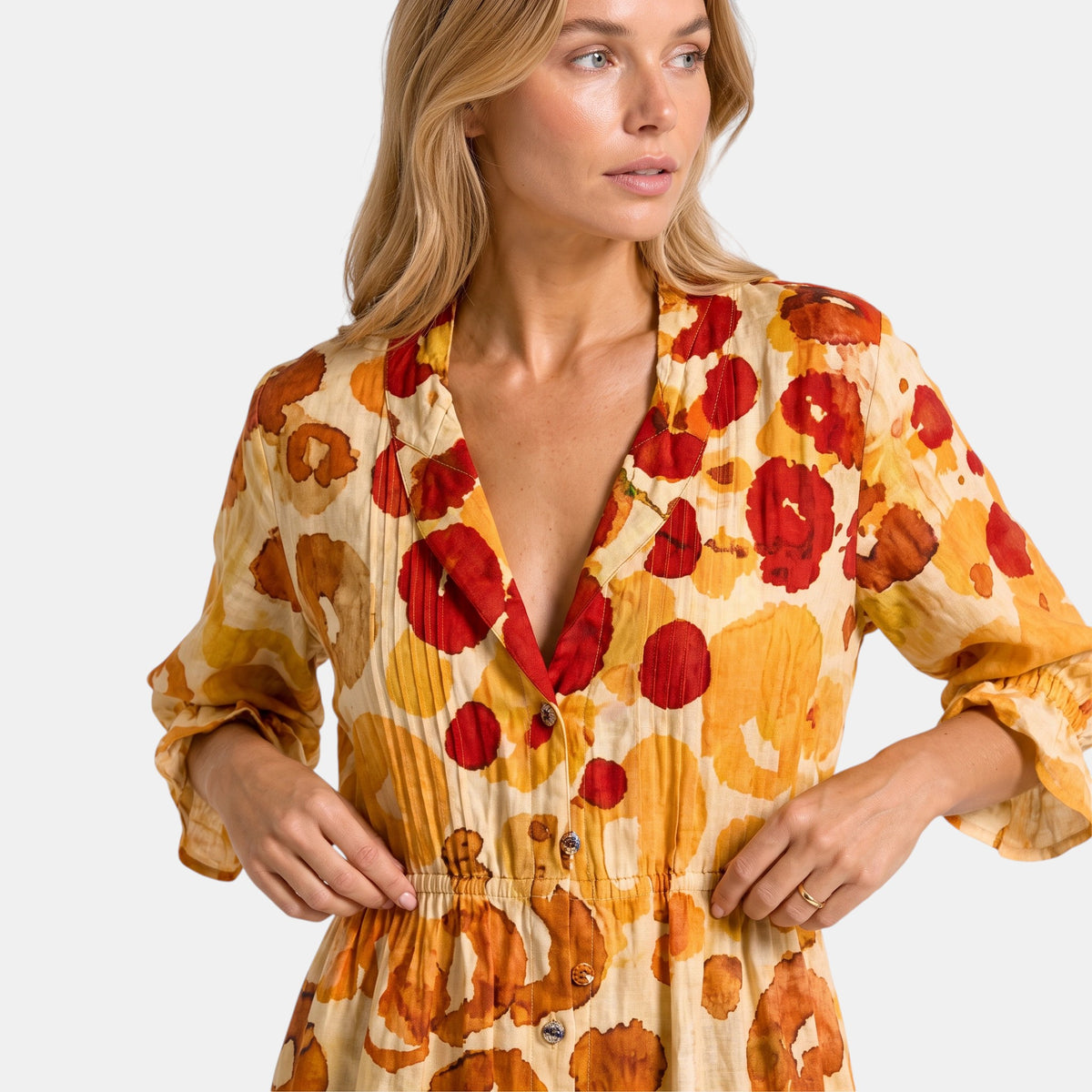 Women's Shirt Dress with Button Front, V Neck and Three Quarter Sleeves