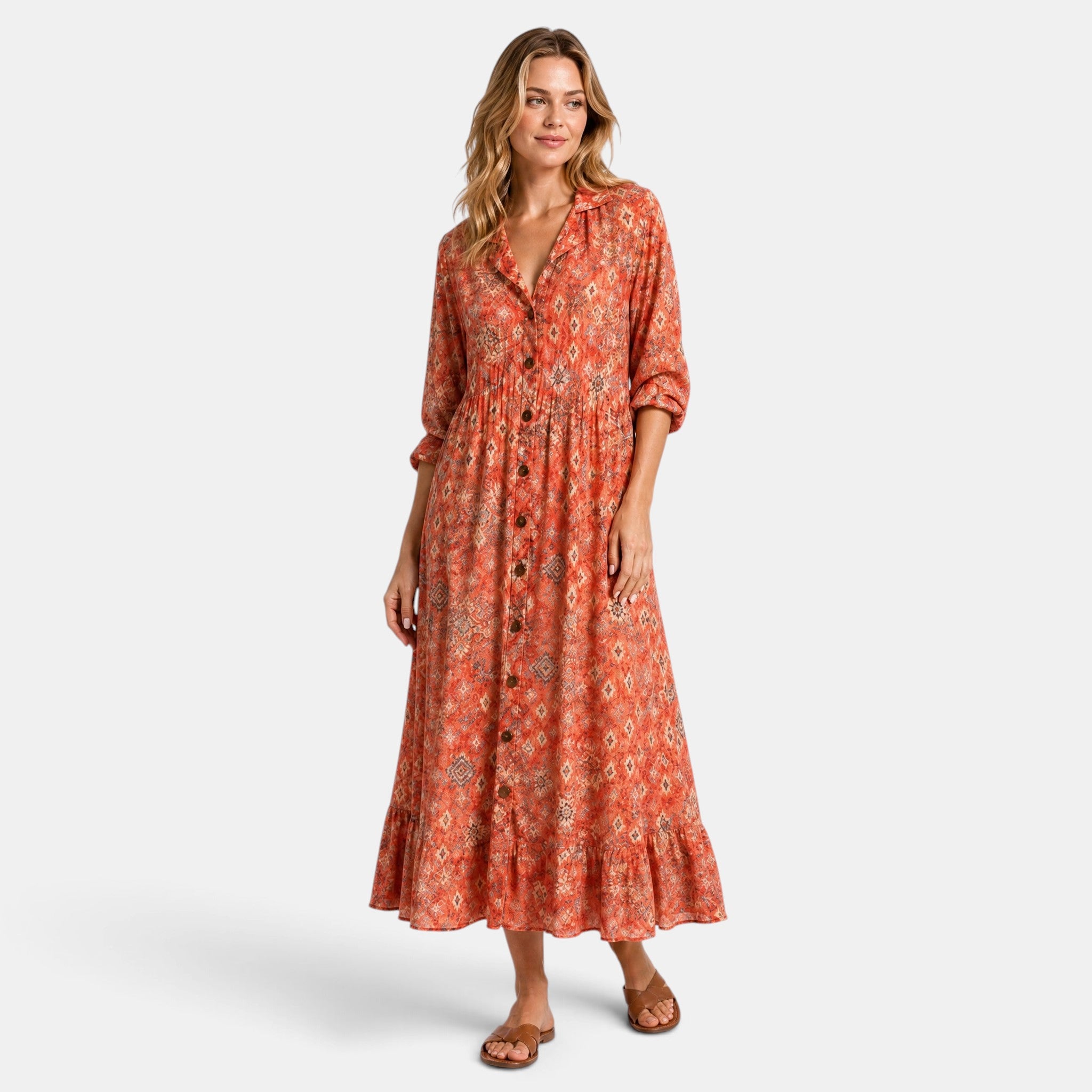 Women's Shirt Dress with Button Front, V Neck and Three Quarter Sleeves