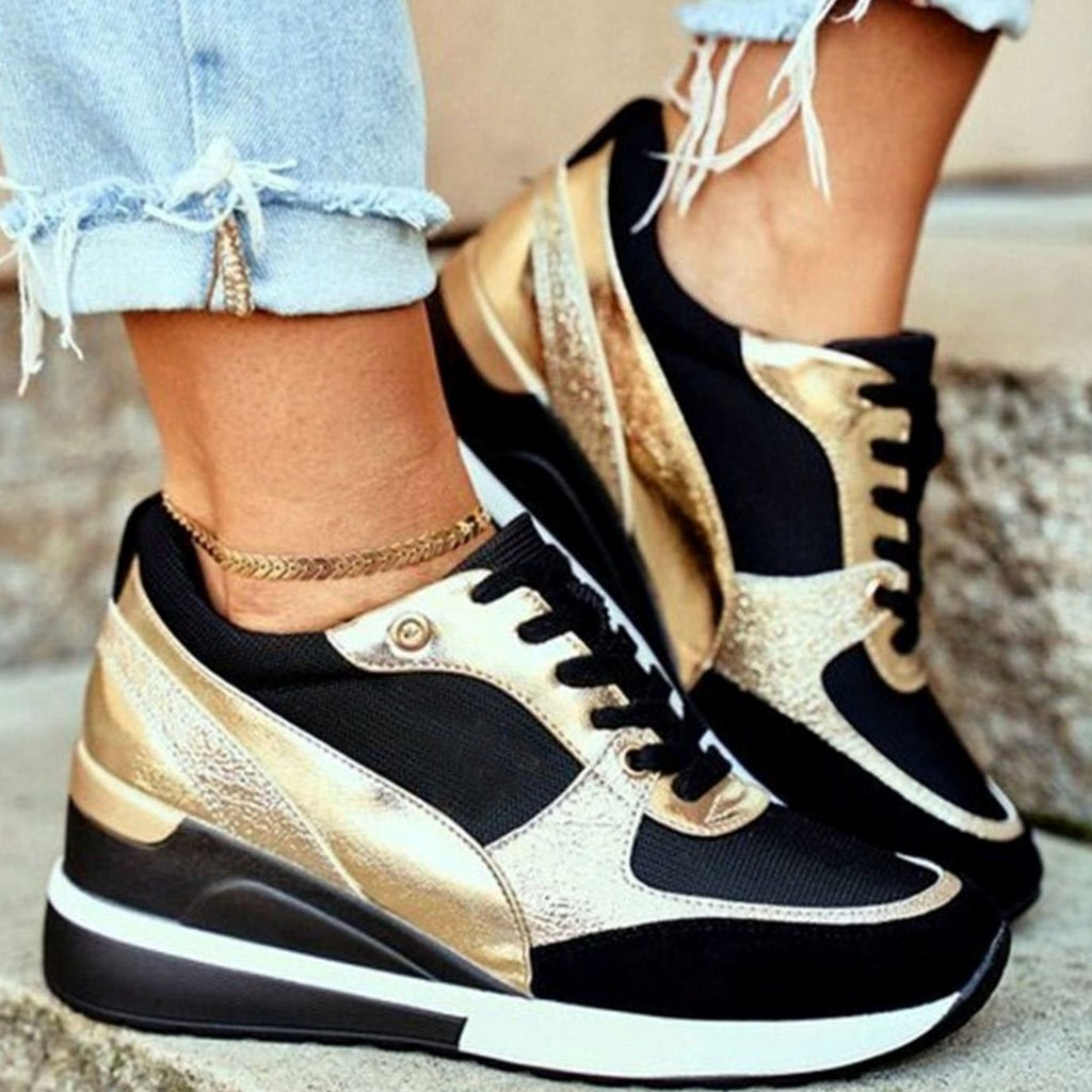 Trendy Gold-Accent Wedge Platform Lace-Up Sneakers for Women