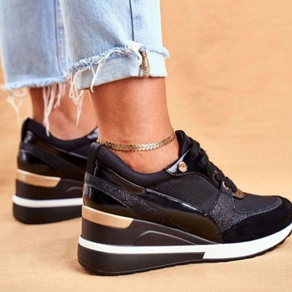 Trendy Gold-Accent Wedge Platform Lace-Up Sneakers for Women