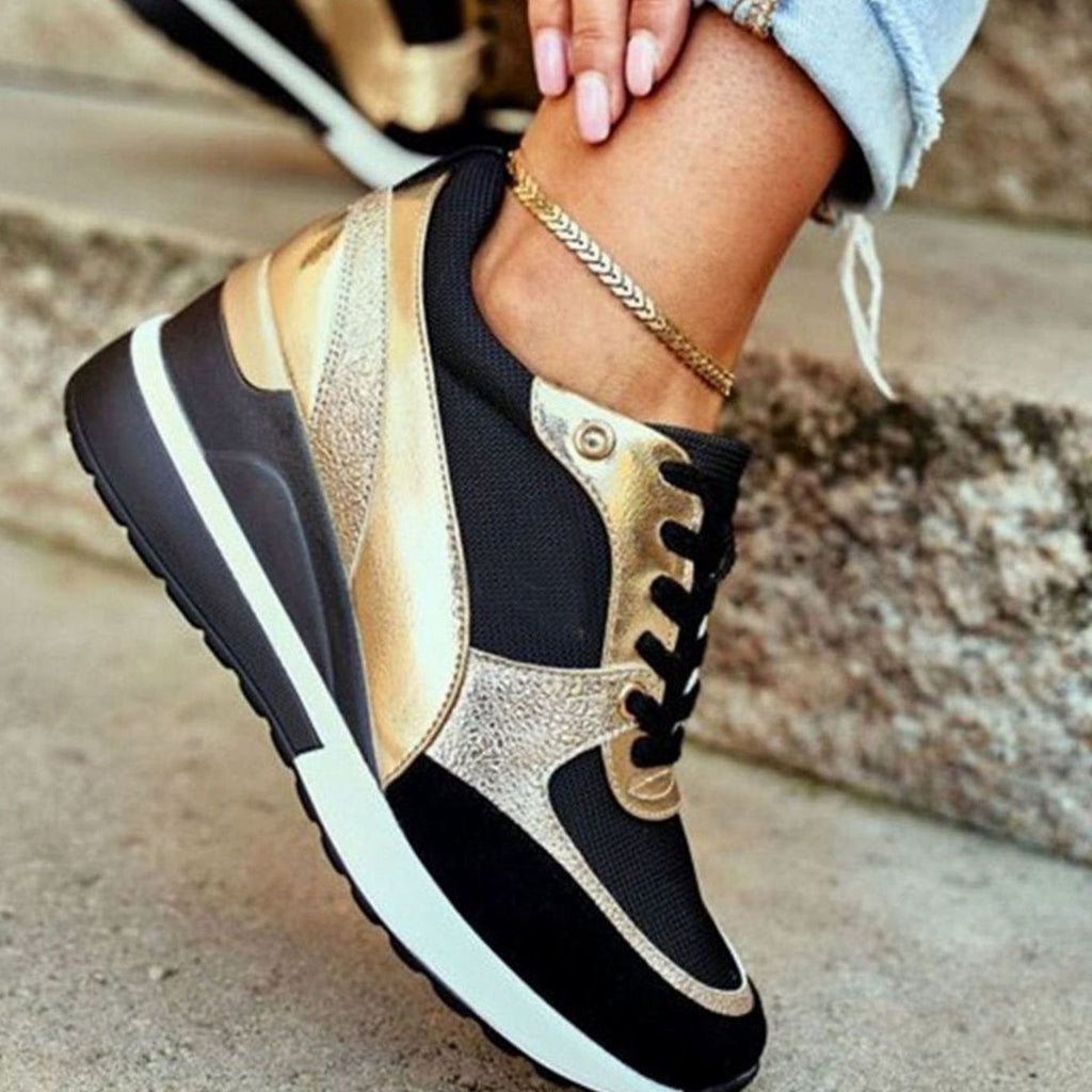 Trendy Gold-Accent Wedge Platform Lace-Up Sneakers for Women