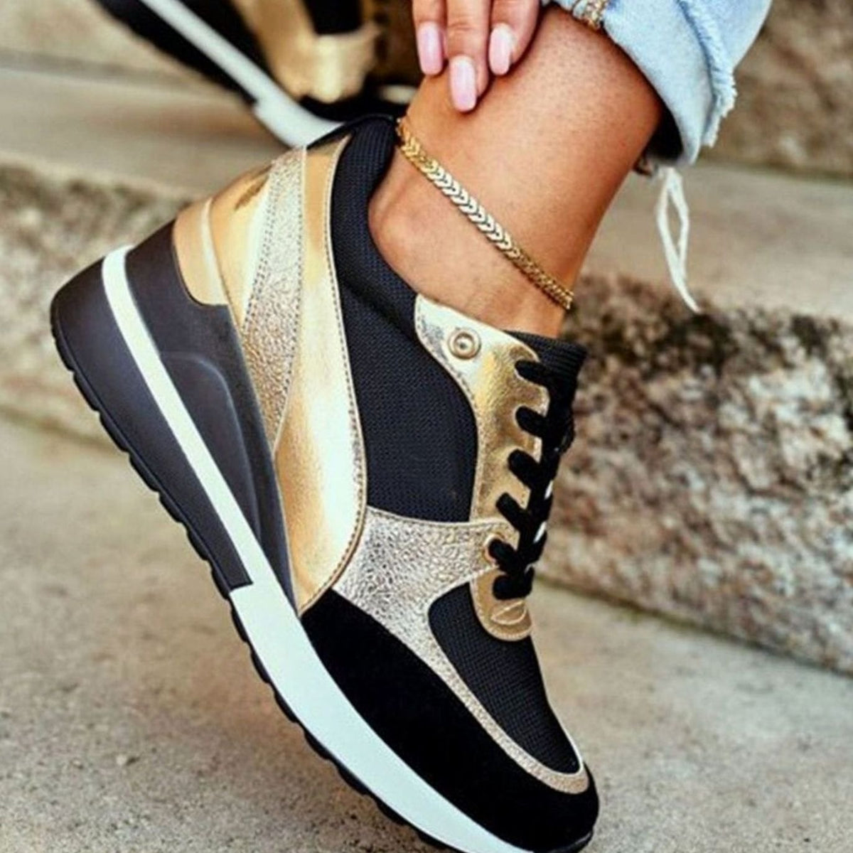 Trendy Gold-Accent Wedge Platform Lace-Up Sneakers for Women