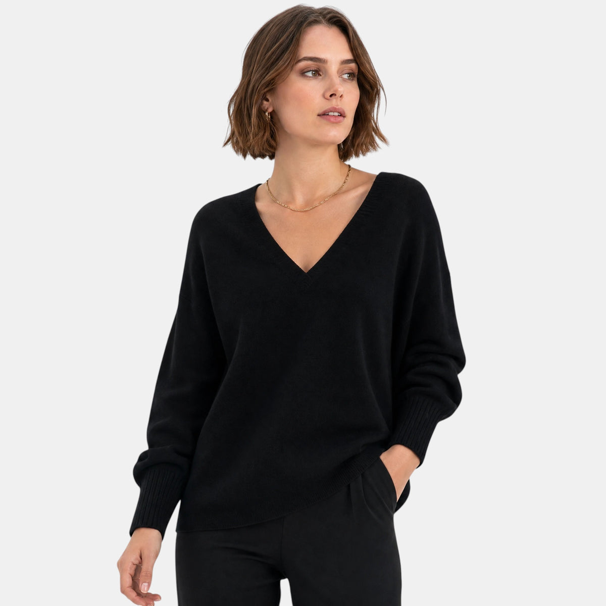 Women's V Neck Blouse with Long Sleeves and Ribbed Cuffs