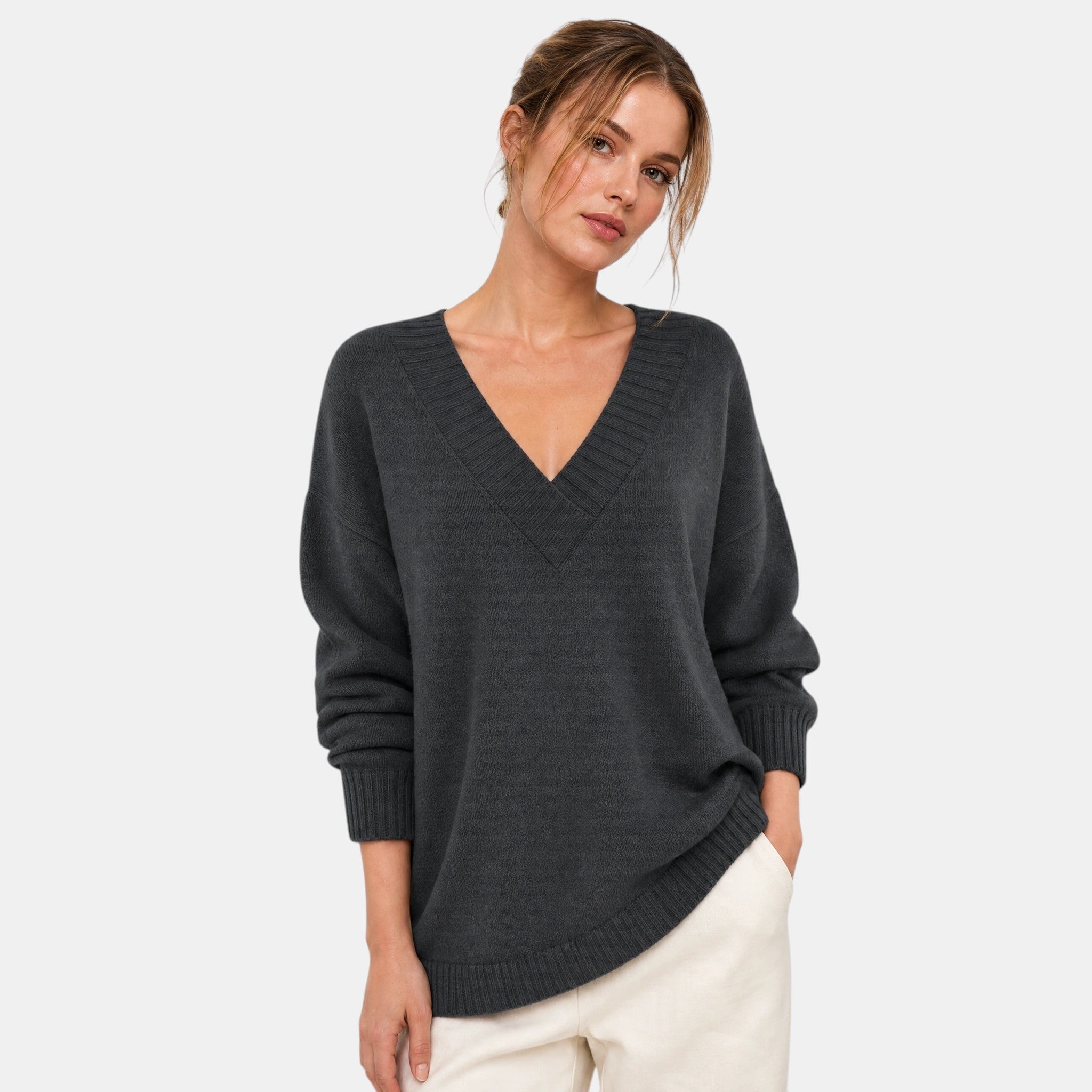 Women's V Neck Blouse with Long Sleeves and Ribbed Cuffs