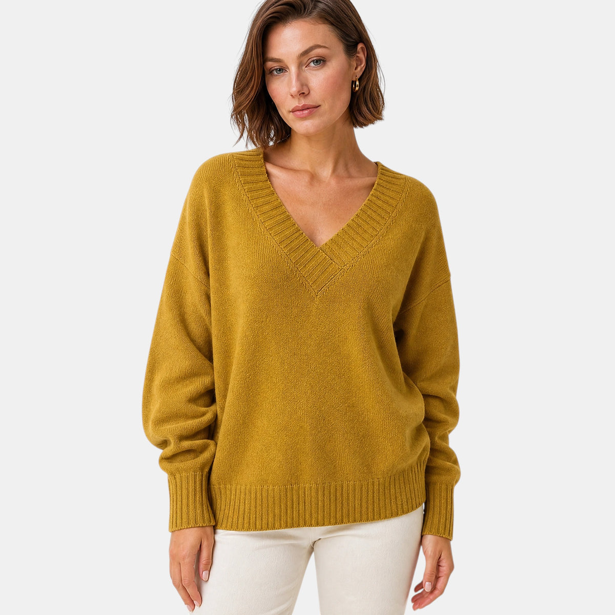 Women's V Neck Blouse with Long Sleeves and Ribbed Cuffs