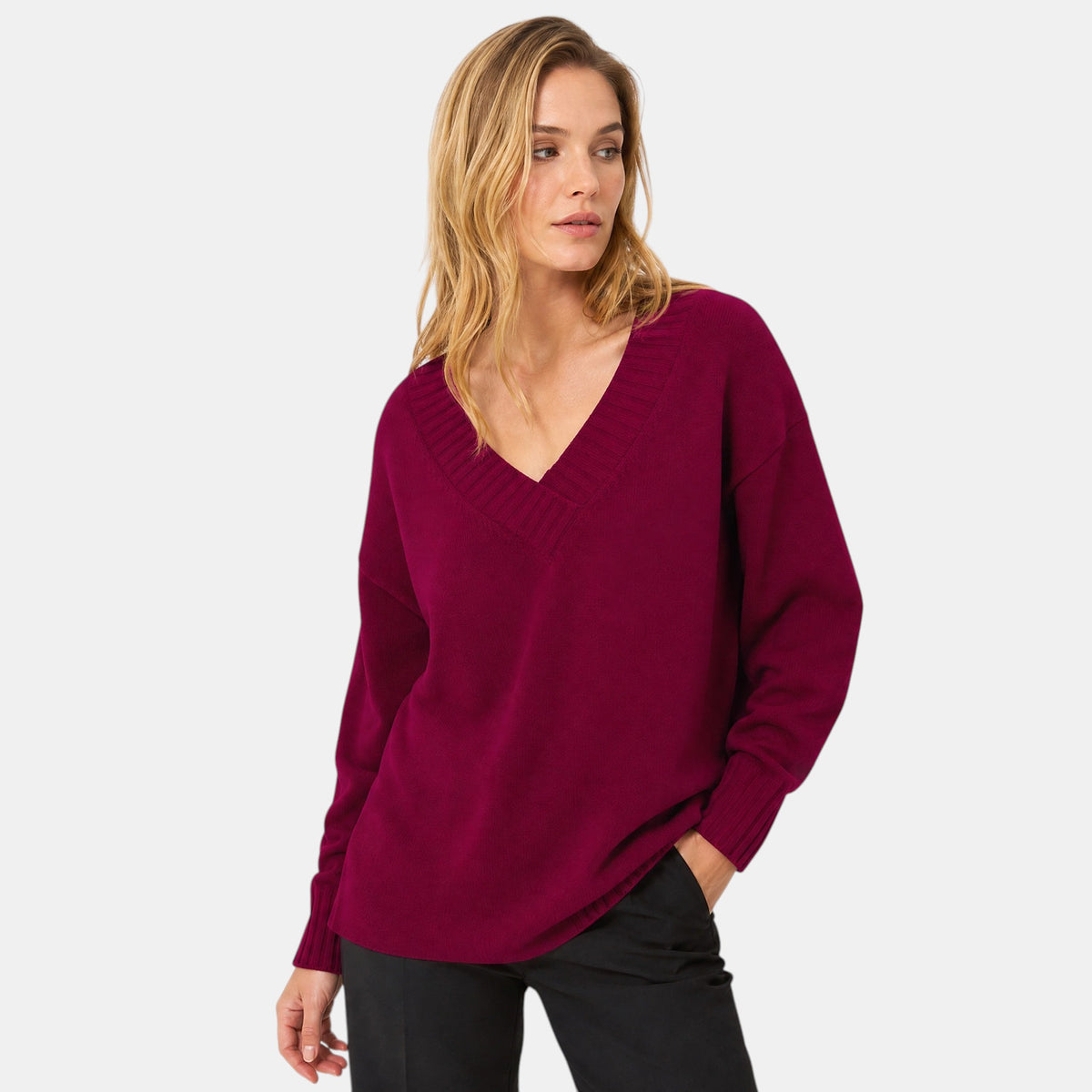Women's V Neck Blouse with Long Sleeves and Ribbed Cuffs