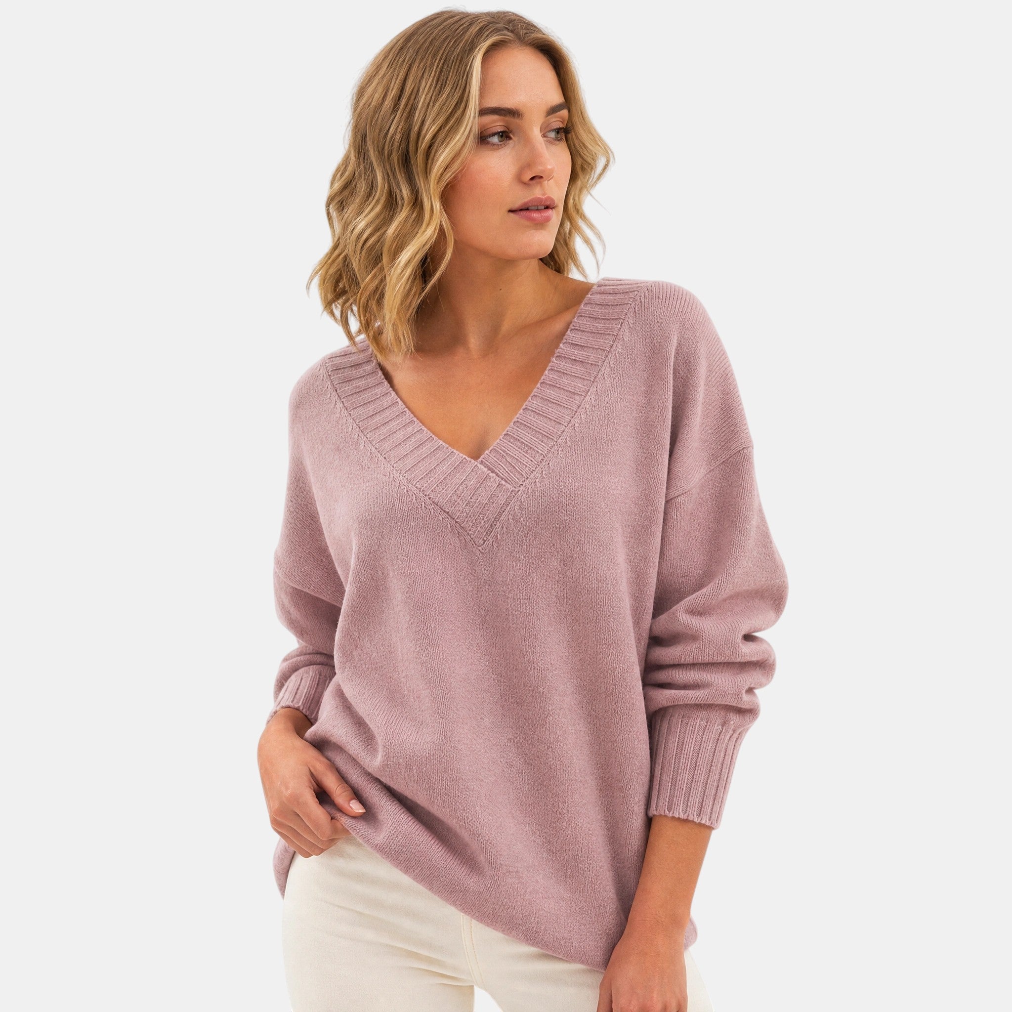Women's V Neck Blouse with Long Sleeves and Ribbed Cuffs