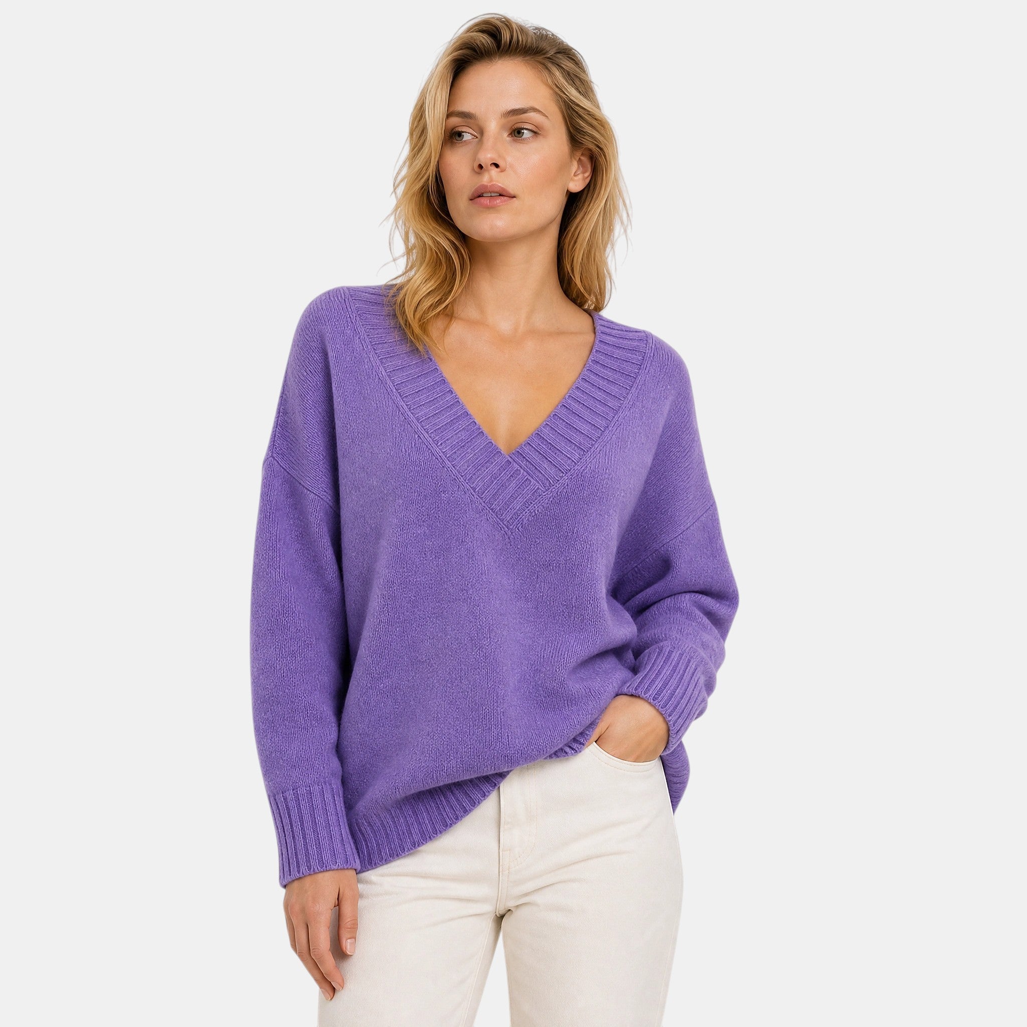 Women's V Neck Blouse with Long Sleeves and Ribbed Cuffs