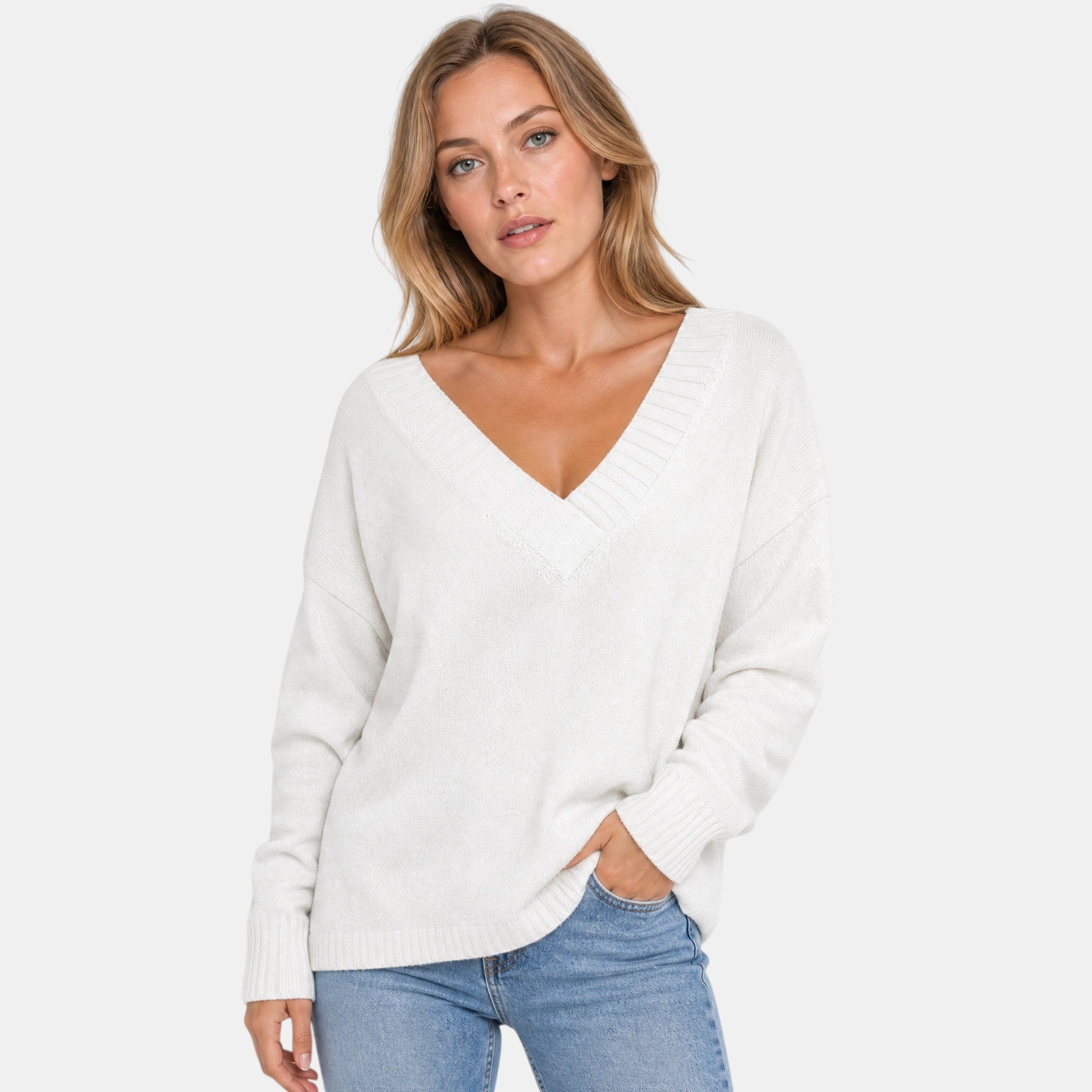 Women's V Neck Blouse with Long Sleeves and Ribbed Cuffs
