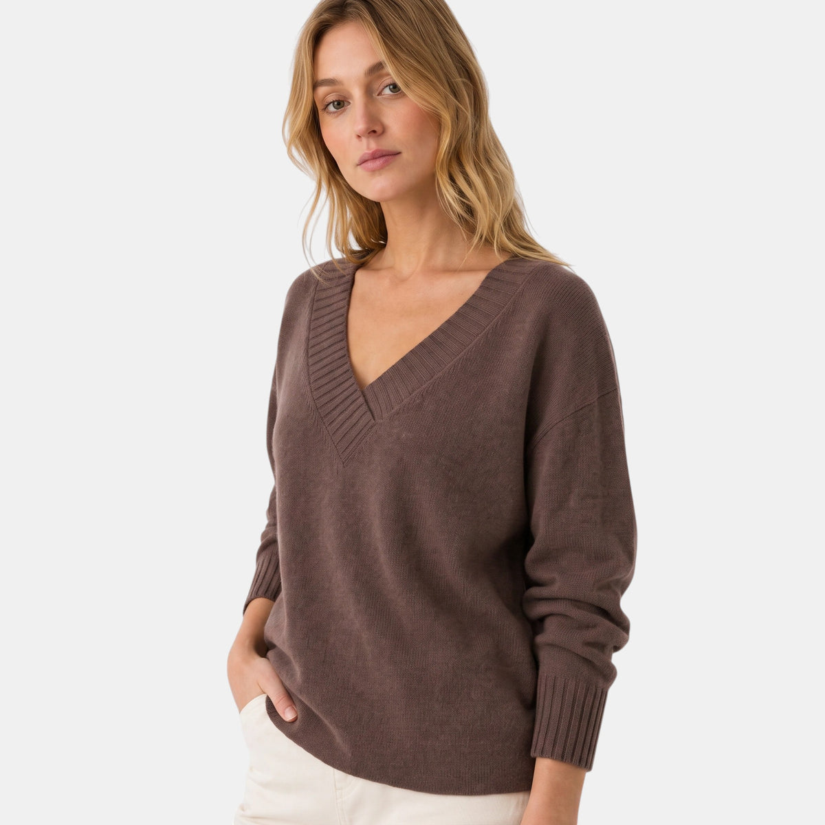 Women's V Neck Blouse with Long Sleeves and Ribbed Cuffs