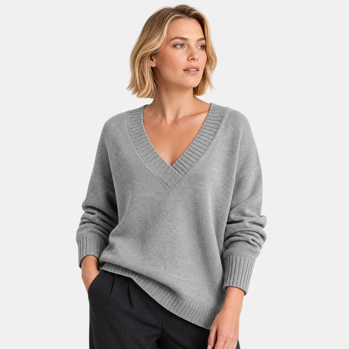 Women's V Neck Blouse with Long Sleeves and Ribbed Cuffs