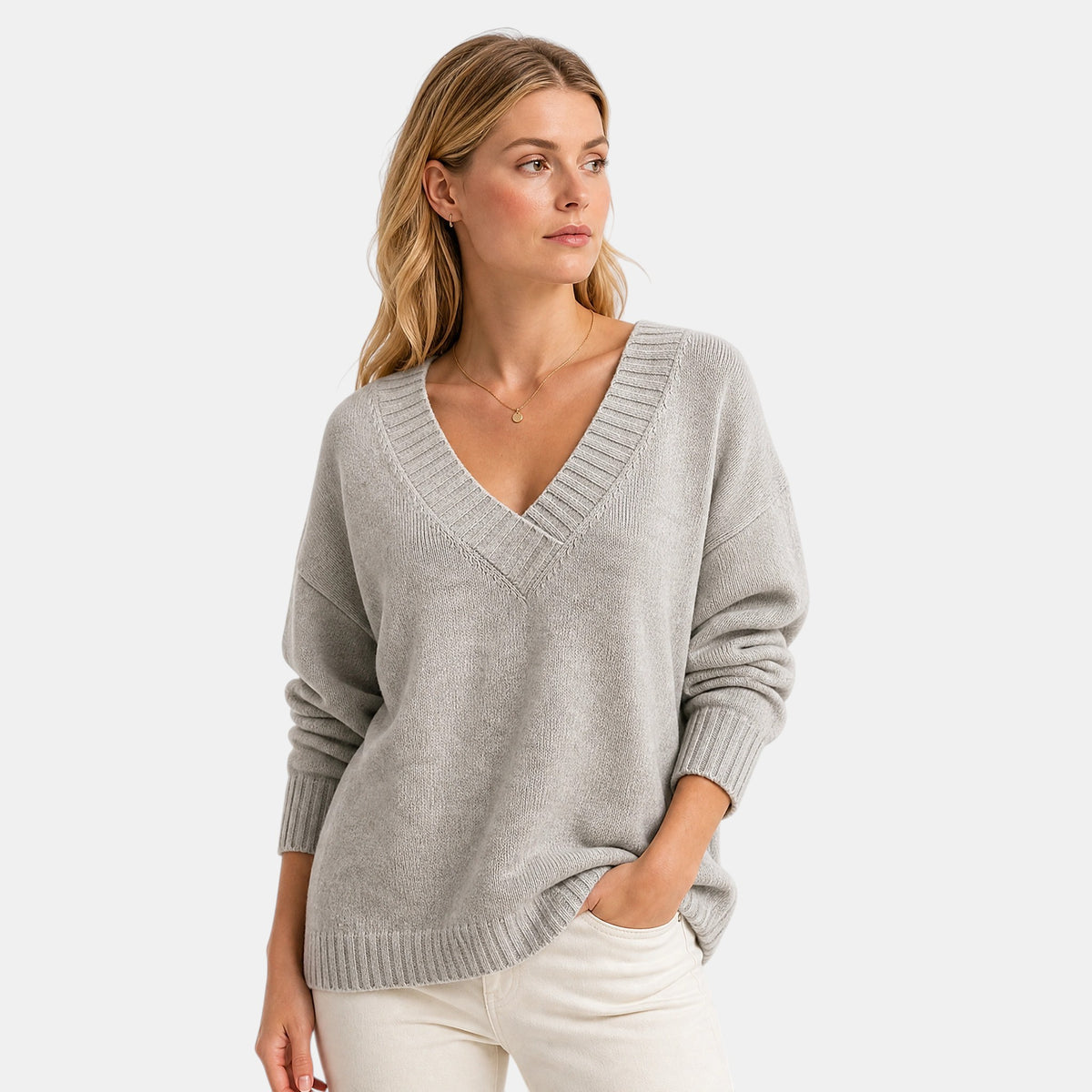 Women's V Neck Blouse with Long Sleeves and Ribbed Cuffs