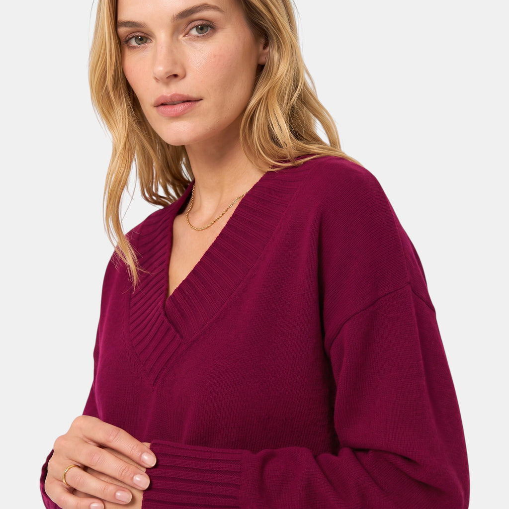 Women's V Neck Blouse with Long Sleeves and Ribbed Cuffs
