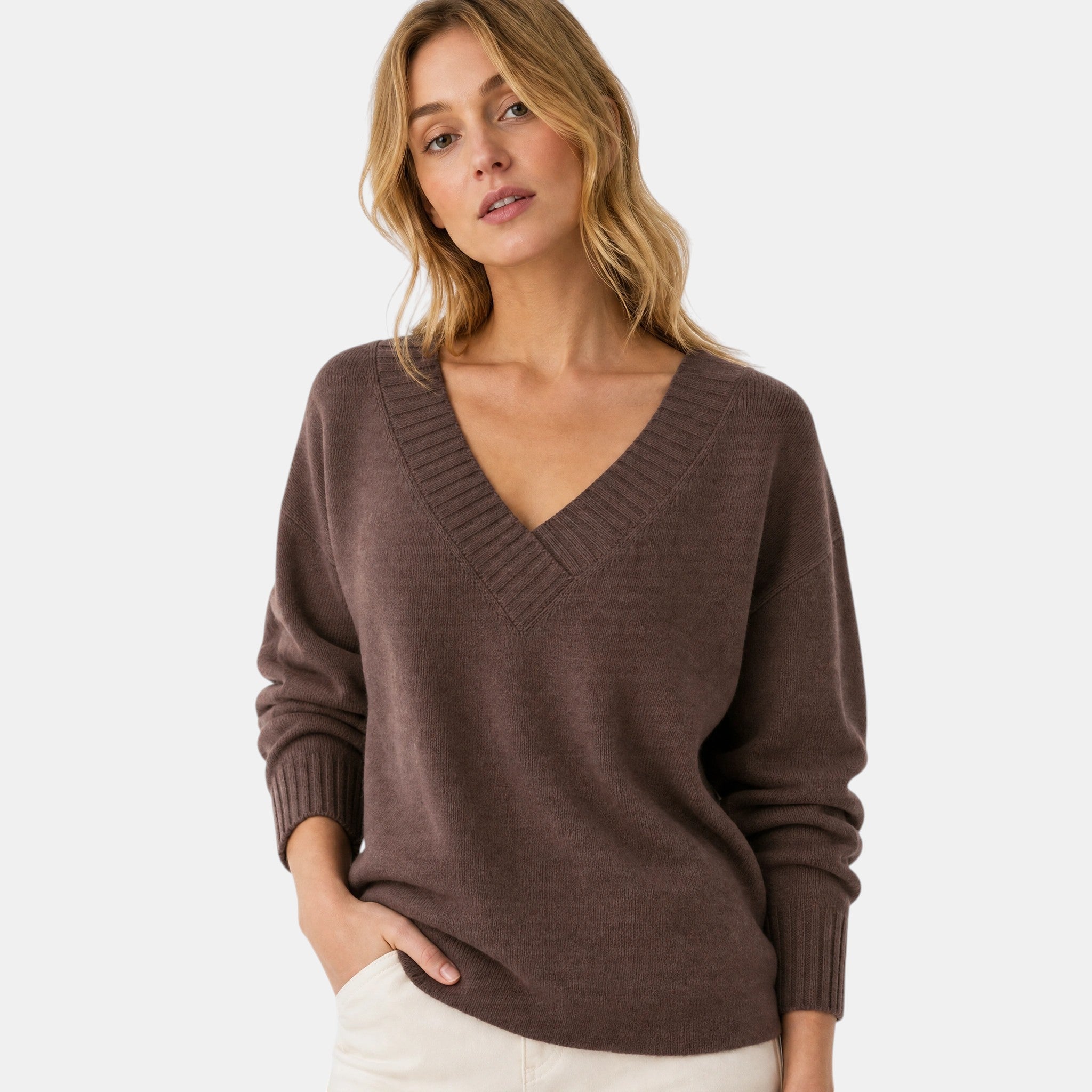 Women's V Neck Blouse with Long Sleeves and Ribbed Cuffs