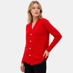 Women's V Neck Cardigan with Button Front and Ribbed Cuffs