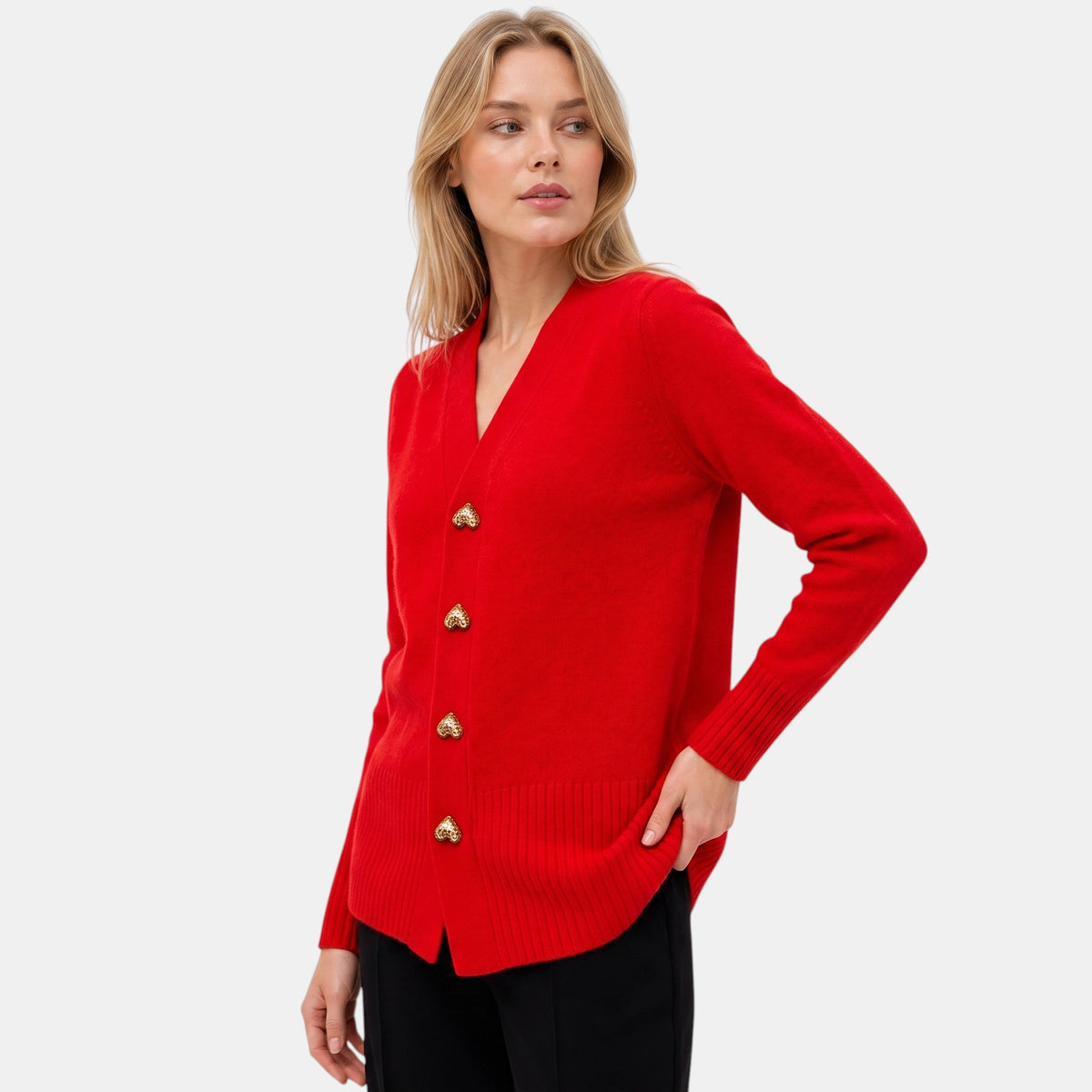 Women's V Neck Cardigan with Button Front and Ribbed Cuffs