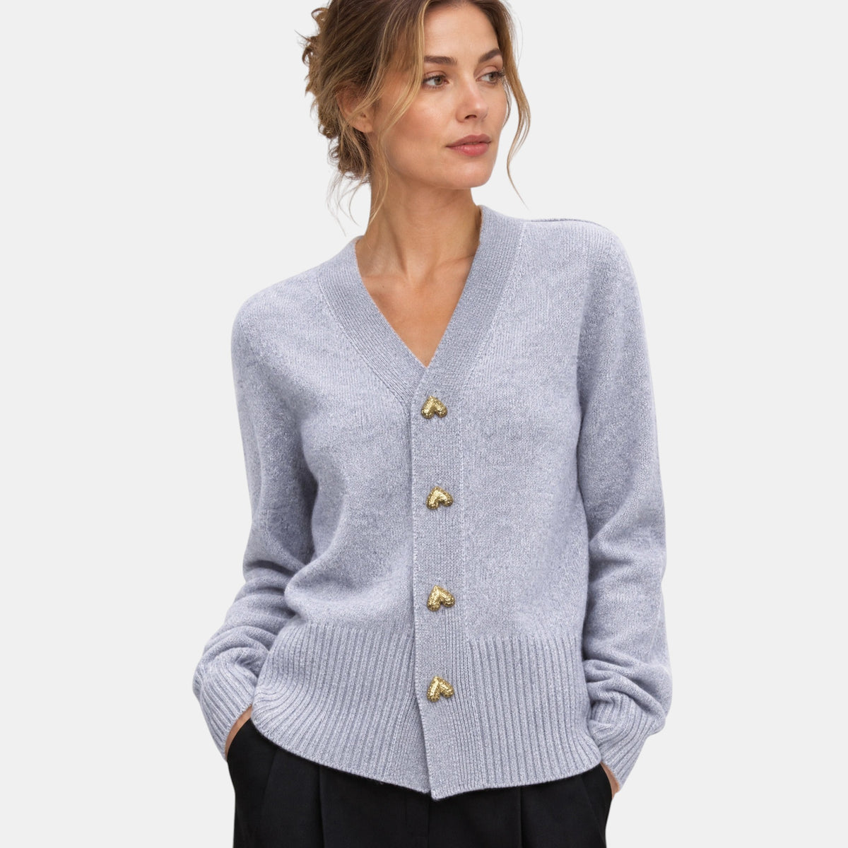 Women's V Neck Cardigan with Button Front and Ribbed Cuffs
