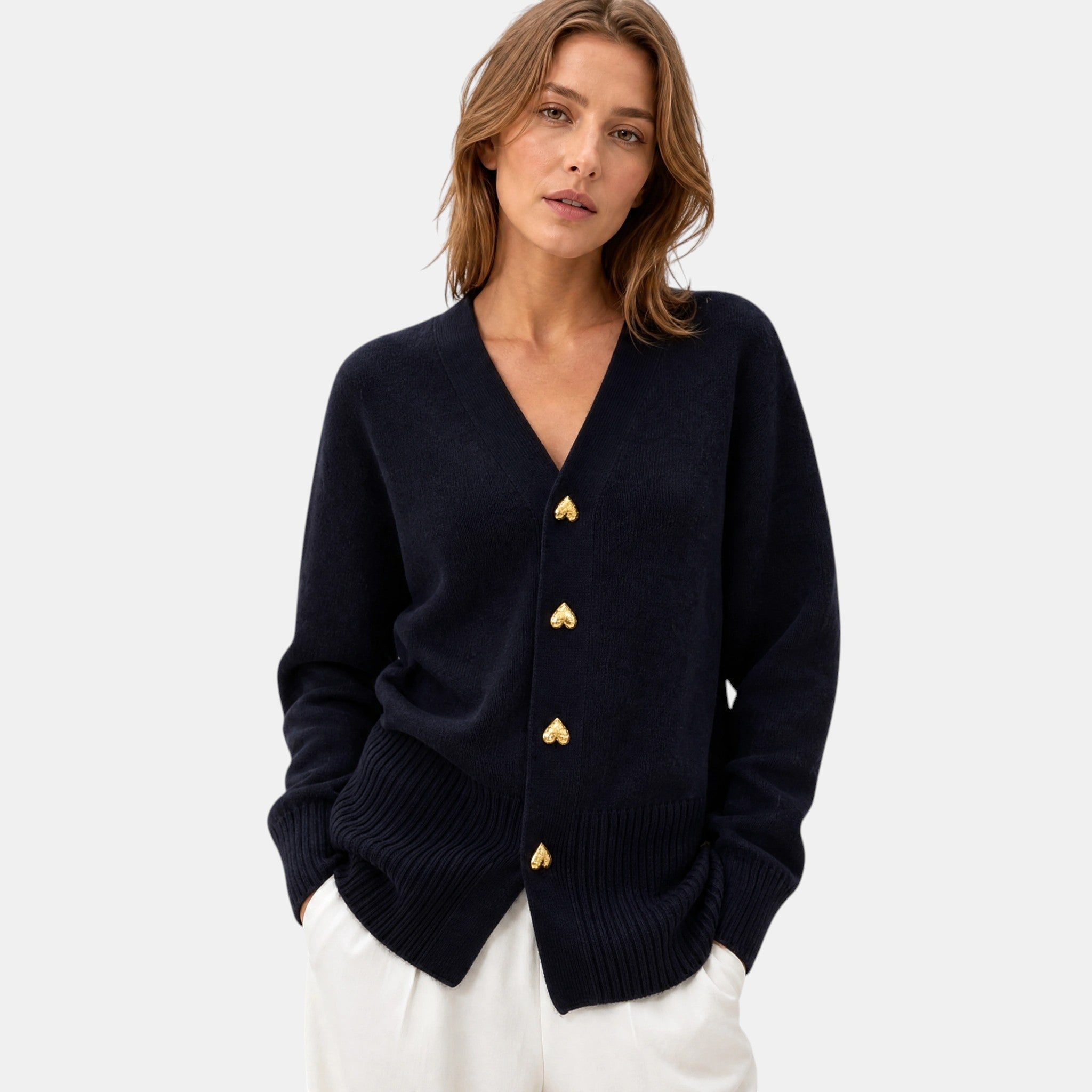 Women's V Neck Cardigan with Button Front and Ribbed Cuffs