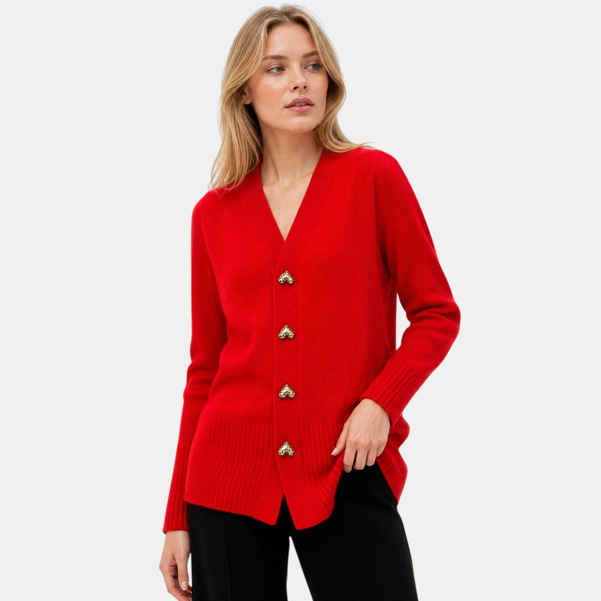 Women's V Neck Cardigan with Button Front and Ribbed Cuffs