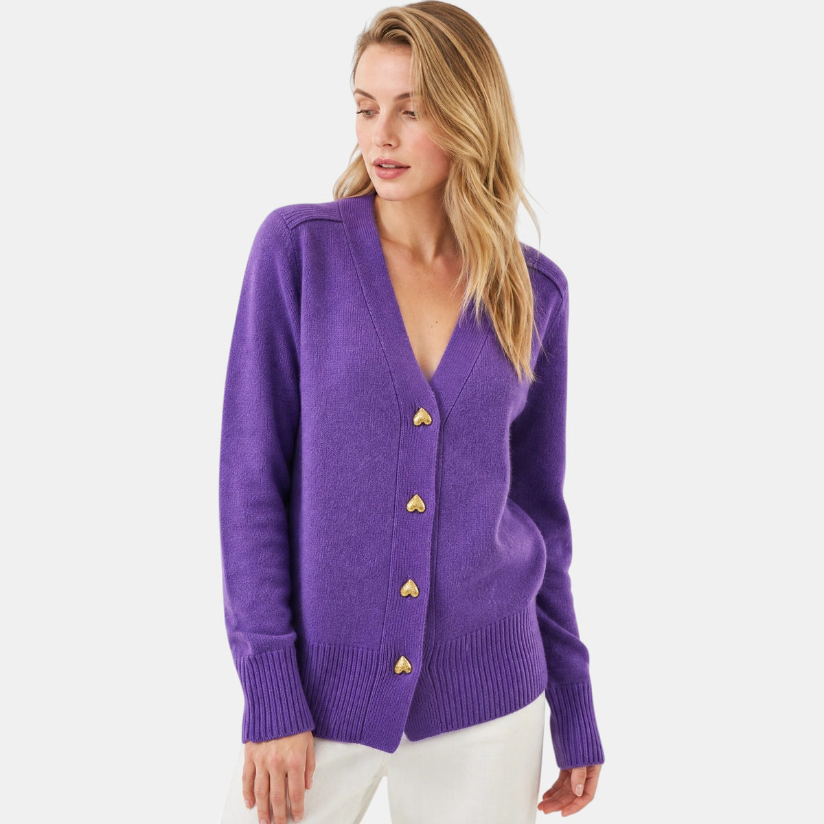 Women's V Neck Cardigan with Button Front and Ribbed Cuffs