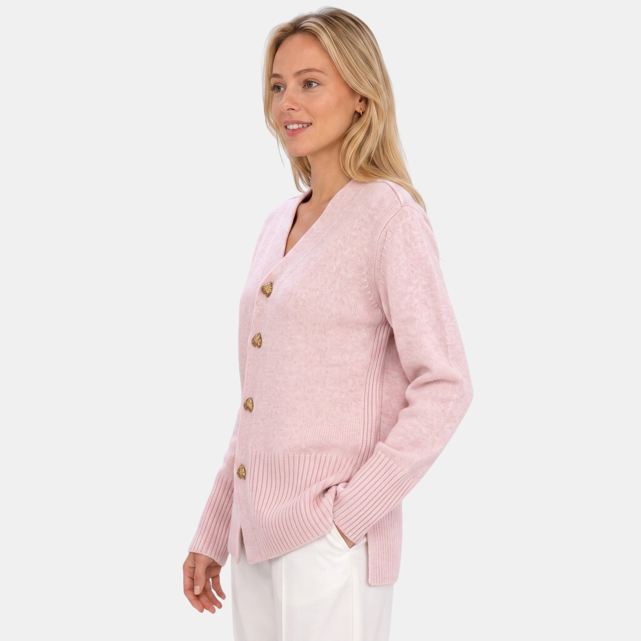 Women's V Neck Cardigan with Button Front and Ribbed Cuffs
