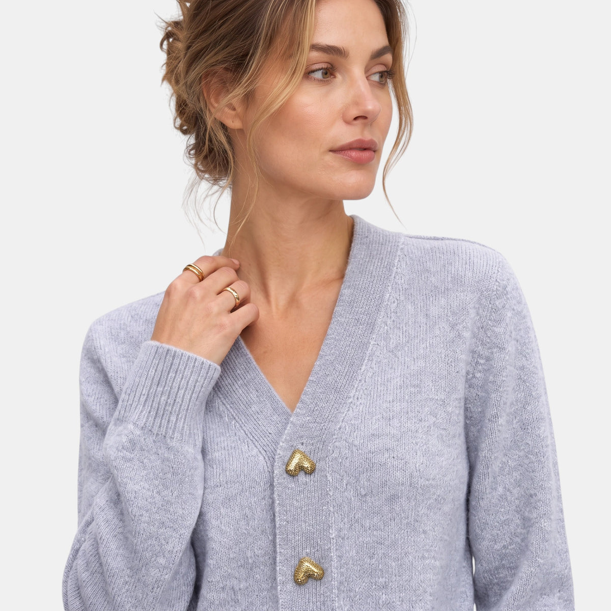 Women's V Neck Cardigan with Button Front and Ribbed Cuffs